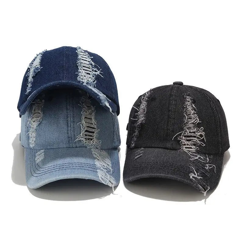 Baseball cap for men in spring and summer, fashionable European and American washed hole denim duckbill cap, outdoor casual sun
