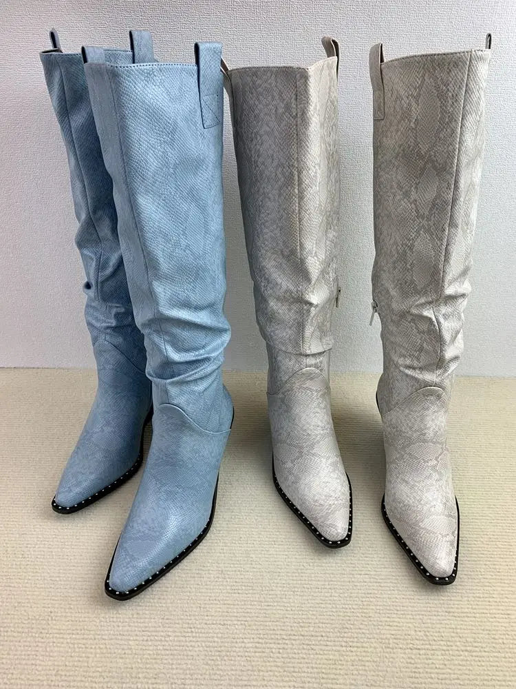 Designer Brand New Fall Winter Pointy Toe Thick Heel Serpentine Vintage Boots Botas De Invierno Para Mujer Hot Selling