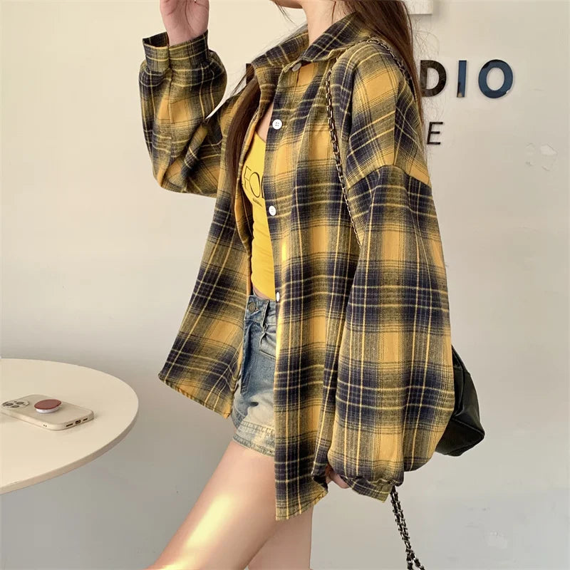 Women's Plaid Flannel Shirt Casual Button Down Long Sleeve Flannel Plaid Blouse Loose Check Shirt Female Teen-girl Preppy Outfit