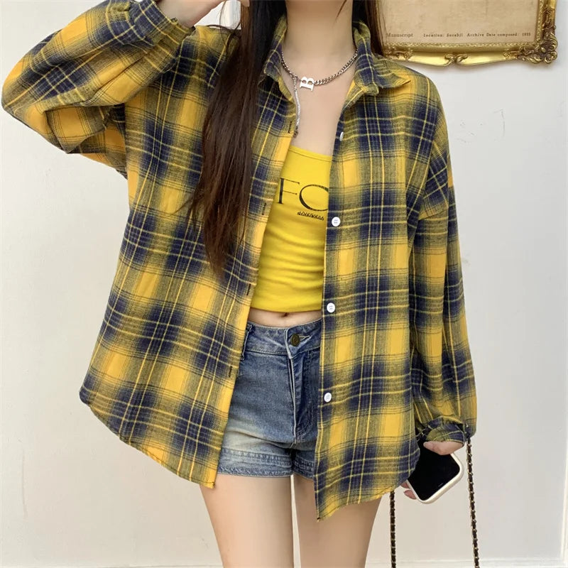 Women's Plaid Flannel Shirt Casual Button Down Long Sleeve Flannel Plaid Blouse Loose Check Shirt Female Teen-girl Preppy Outfit