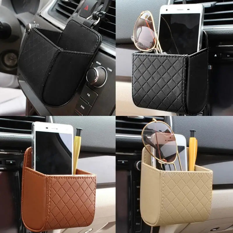 Car Storage Bag Air Vent Dashboard Tidy Hanging Leather Organizer Box Glasses Phone Holder Storage Organizer Car Accessories