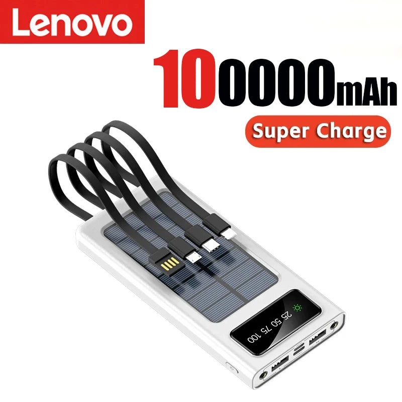 Lenovo 200000mah Large Capacity Solar PowerBank Built 4 Cables Portable Fast Charging Usb Ports Charger Powerbank For All Phones