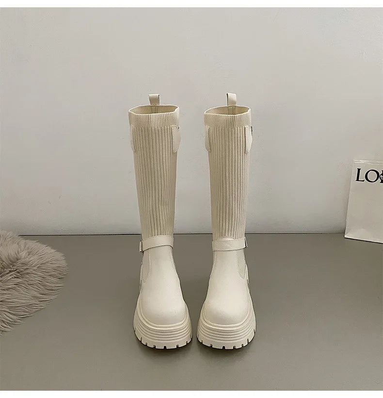 Long Boots Women New Knitted Elastic Boots Retro Thick-soled Women's High Boots Knee-length Boots Elegant Boots and Women shoes