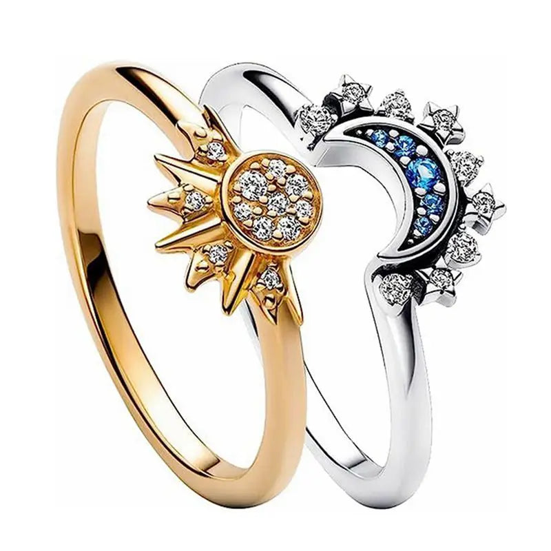 2pc/set Sparkling Ring Riyue Suitable Ring for Women To Wear Fashion Female Sun Moon Star Ring Cubic Zircon Ring for Women Gift