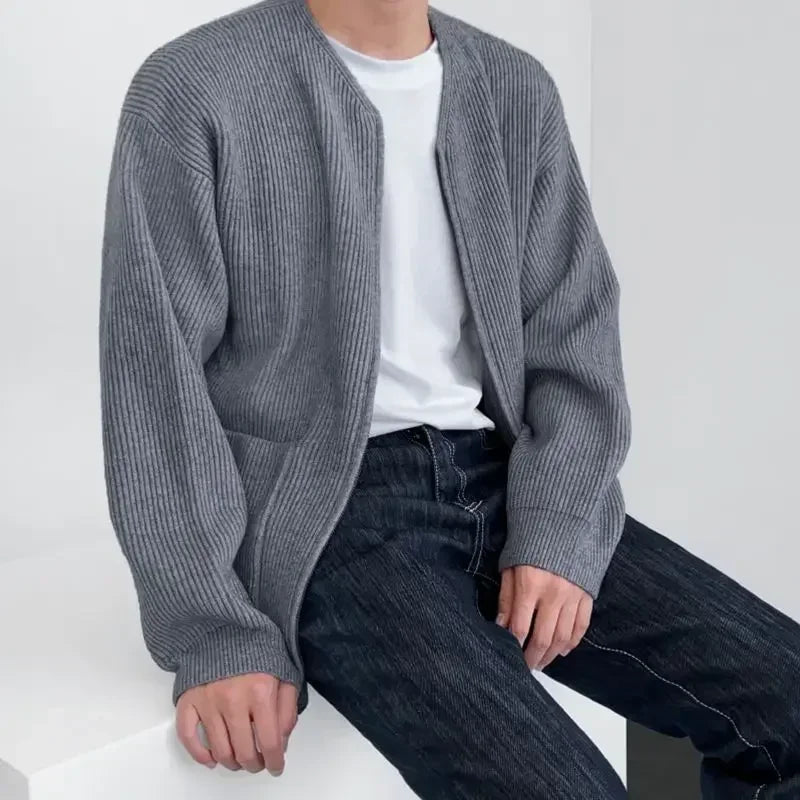Man Clothes Casual Cardigan Knitted Sweaters for Men Solid Color with Pockets Crewneck Zip-up Round Collar Plain Zipper Order S