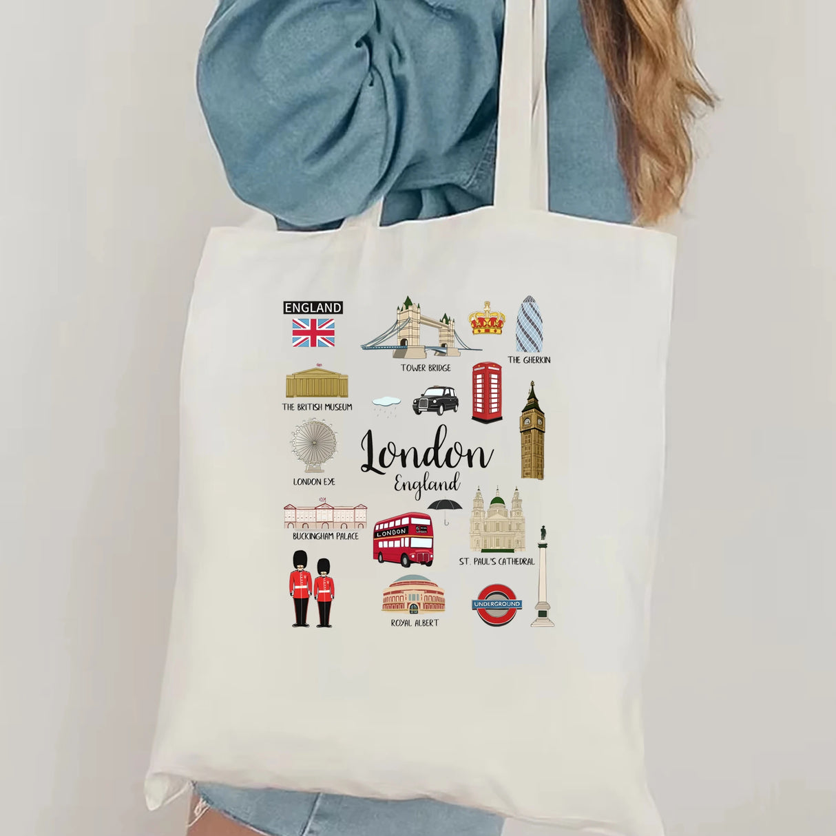 London Tote Bag London Travel Tote Bag Women's Casual Canvas tote bag London Zippered Cosmetic Bag London Landmarks Tote Bag