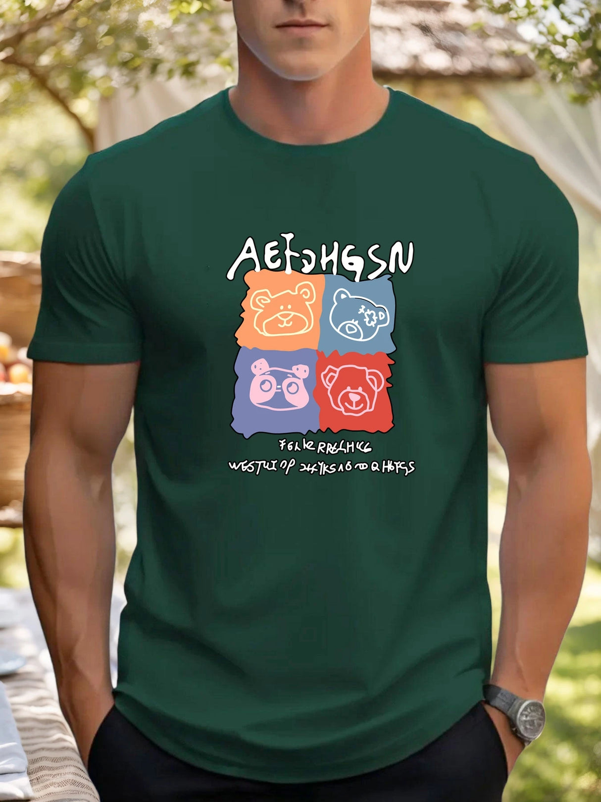 T Shirts For Men Bear 100% Cotton Graphic Printing Summer Round Neck T-Shirt Casual Breathable Street Style Daily Top