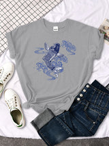 Tshirt For Woman Paper Cut Koi Good Luck Printing Womens T Shirt Kawaii Fashion Women Top Roud Neck Breathable Tshirts For Women