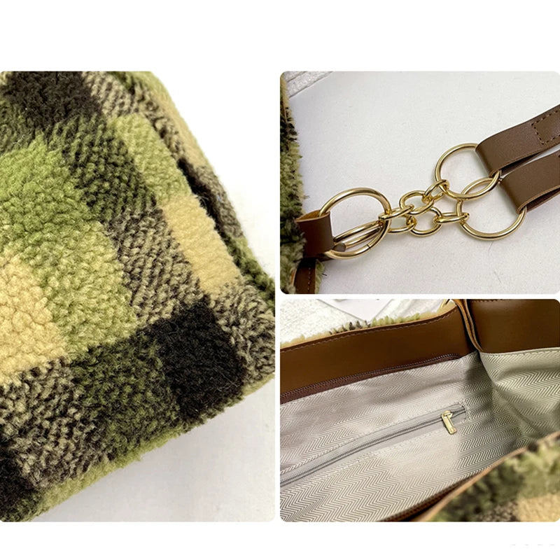 Women's Tote Bag Plaid Pattern Sherpa Large Capacity Tote Bag Shopping Chroma Handbag
