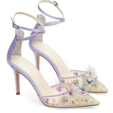 New pointed mesh chiffon butterfly luxurious embroidery flower temperament wedding shoes ankle strap high heels for women