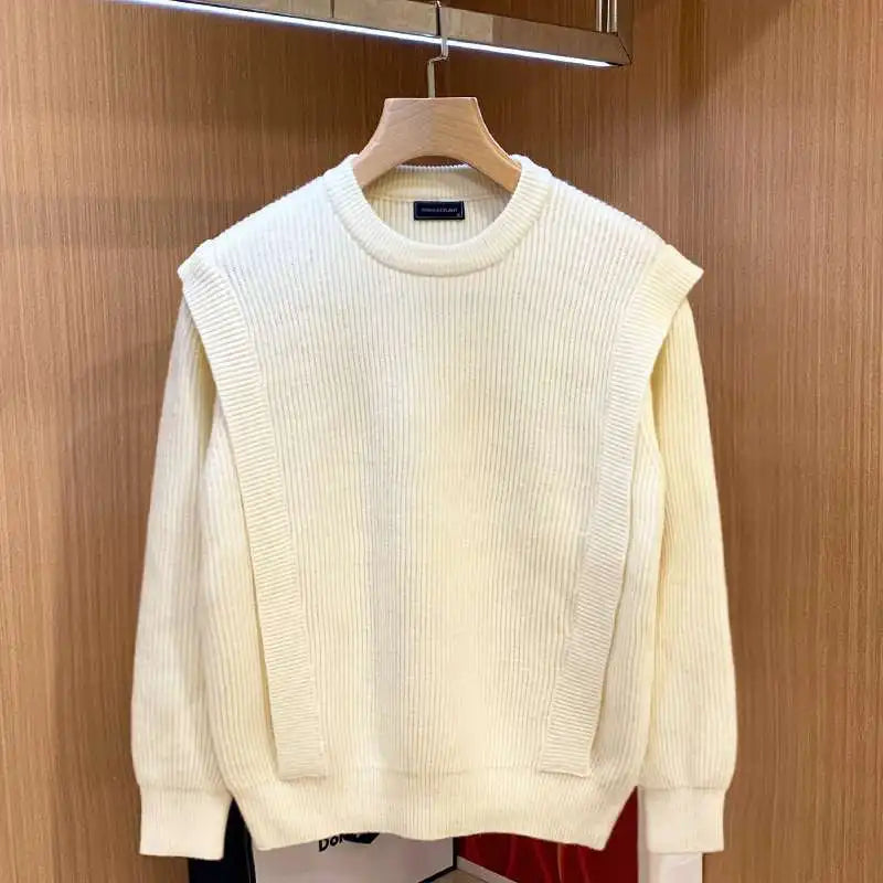 Men's Knitted Sweater Fashion Personality Winter Thick Fake Two-piece Sweaters Round Neck Long Sleeves Solid Color Pullover