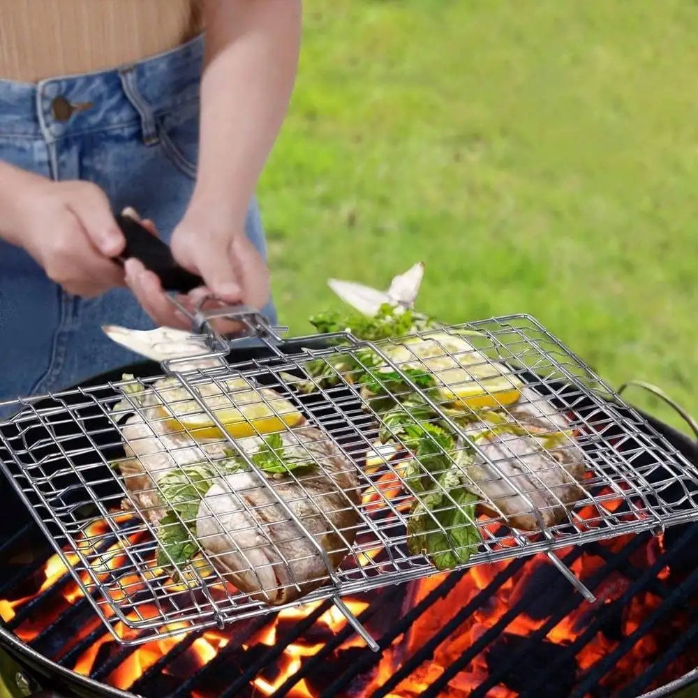 1pc Folding Outdoor Camping Stainless Steel BBQ Rack With Removable Handle Grilling Basket Barbeque Griller Cooking Tools
