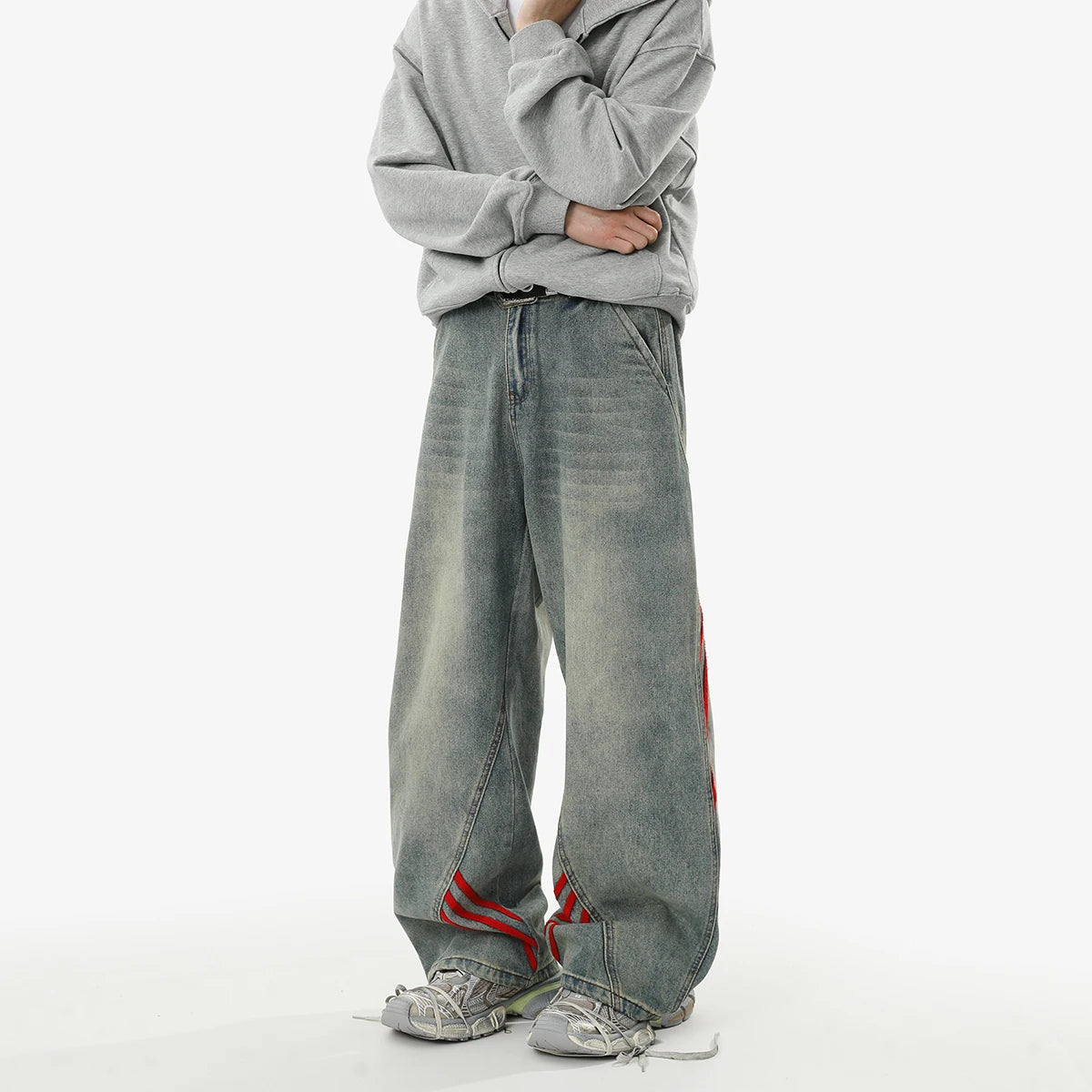REBELOASIS American retro baggy wide leg jeans for men and women  loose casual striped washed long pants