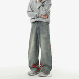 REBELOASIS American retro baggy wide leg jeans for men and women  loose casual striped washed long pants