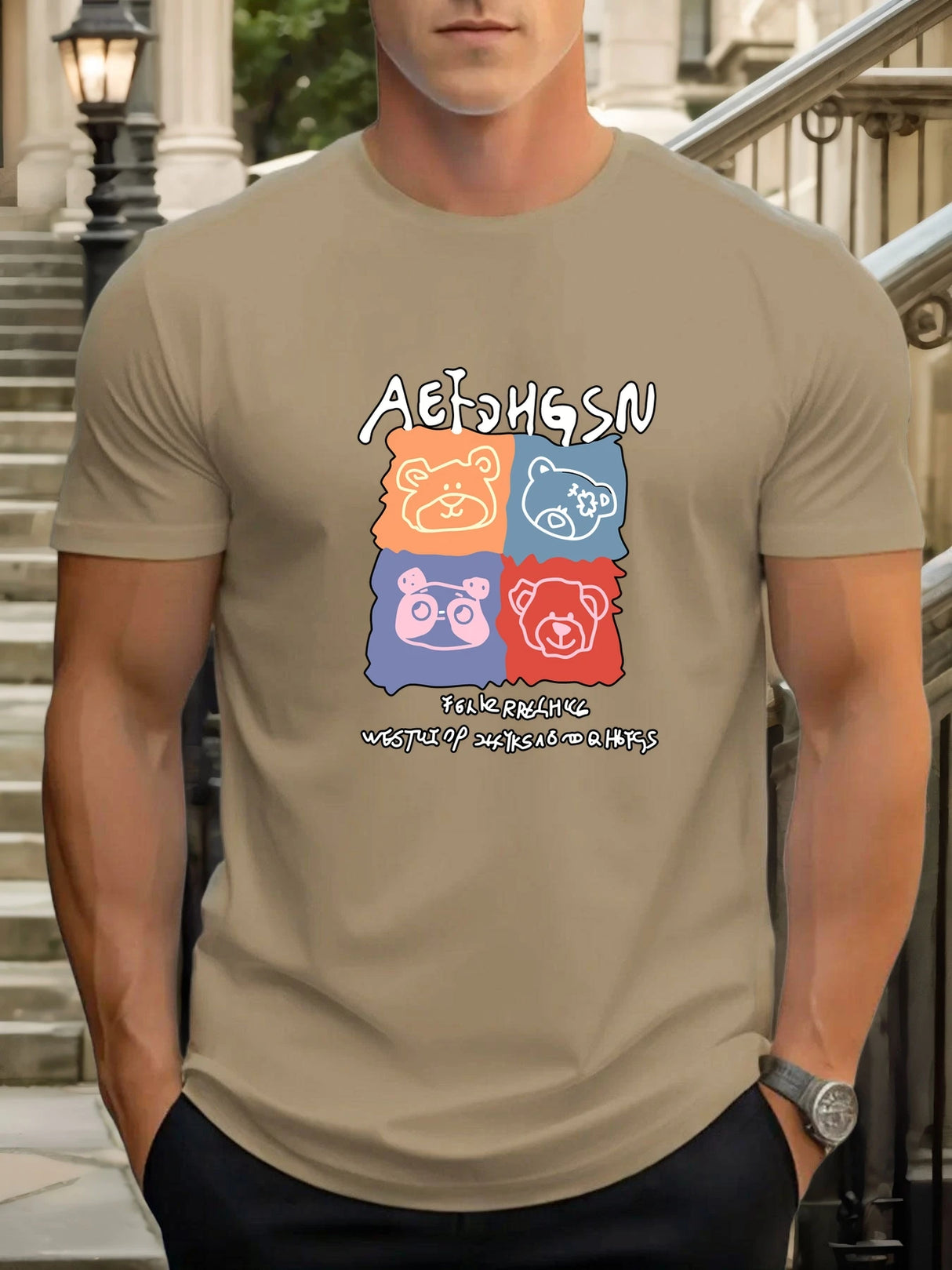 T Shirts For Men Bear 100% Cotton Graphic Printing Summer Round Neck T-Shirt Casual Breathable Street Style Daily Top