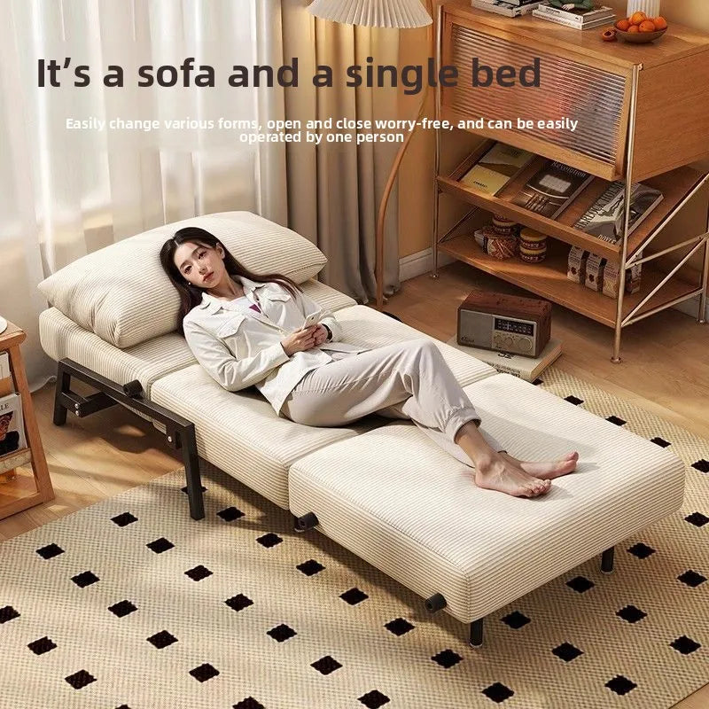 Sofa Bed, Foldable Single Push-pull Bed for Living Room, Study Room and Balcony, Retro Fabric Sofa for Small Apartment, Corduroy