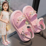 Girls' Sandals 2025 Summer New Fashion Kids Embroidered Princess Shoes for vacation Children's Anti Slip Beach Shoes with Pearl
