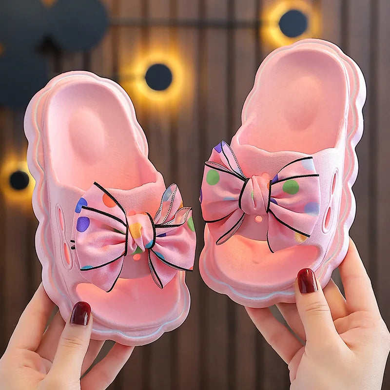 Children Slippers Girls Wearing Soft Soled Slippers Outside Cute Bow Anti Slip Bathroom Slippers Contrast Color Kid Slippers