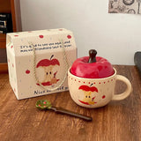Vintage Mug With Lid And Spoon Apple Shape Ceramic Mug Water Cup Girls Mug Christmas Gift Coffee Mug Couple Milk Breakfast Mug