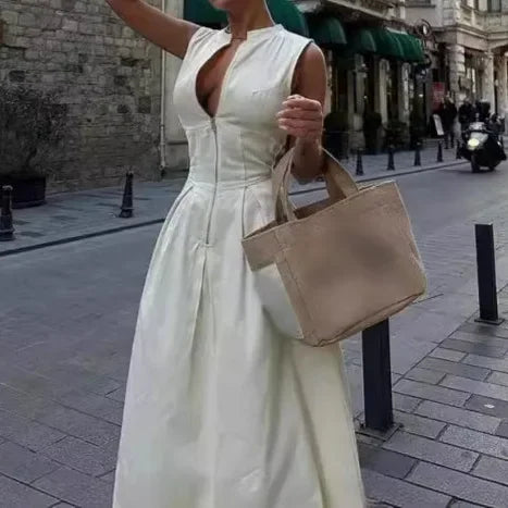 Women's Dress Sleeveless V-Neck Casual Waist-Fitted Zipper