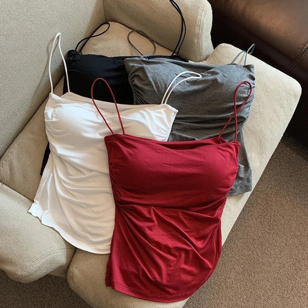 Sleeveless Tees Tank Tops For Women Camisole Vest Cropped Top Slim Fit Solid Color Spaghetti Strap Built In Bra Women Clothes