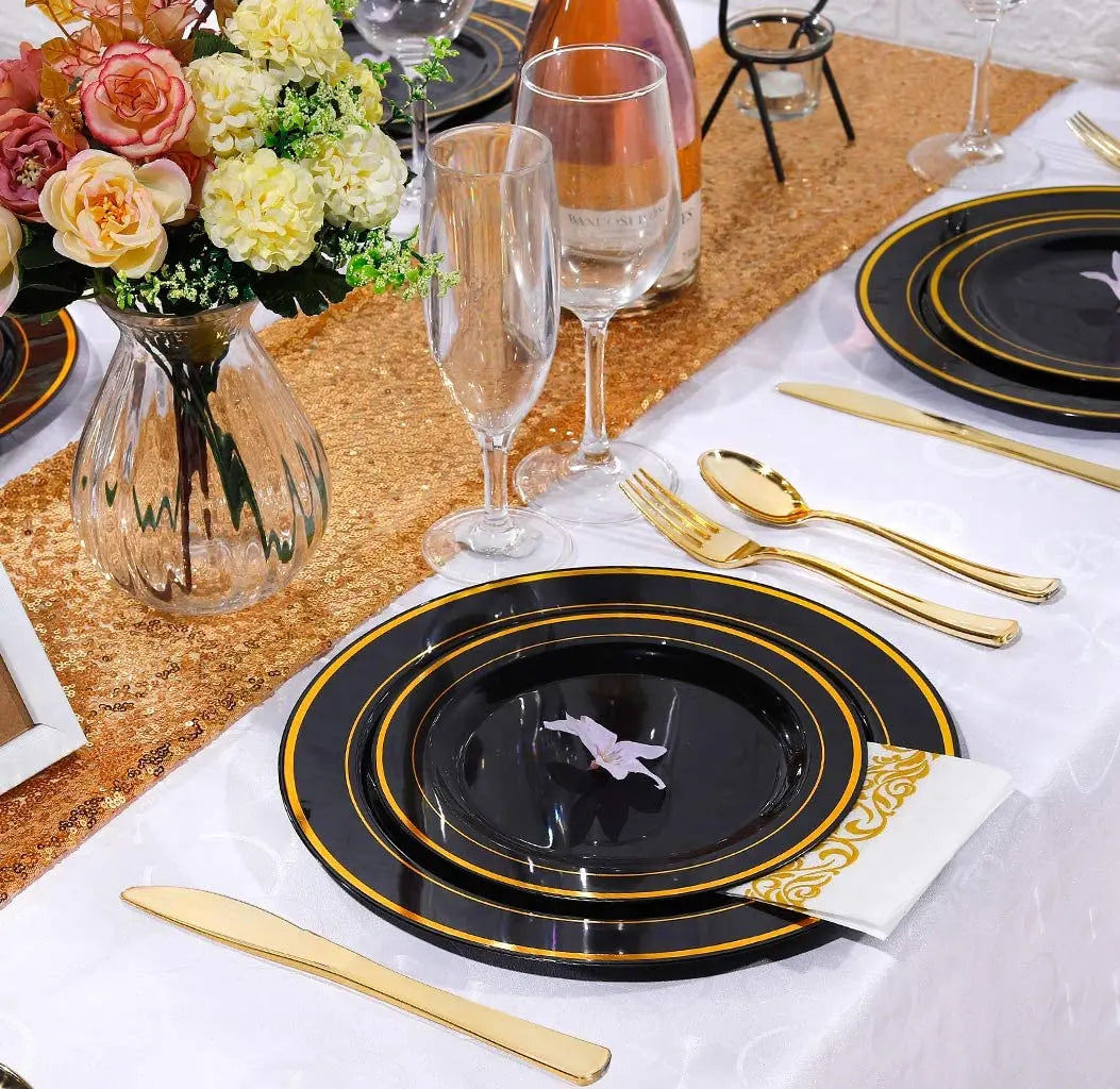 50/25Pieces Black Plastic Plates with Gold Rim-7.5inch Disposable Salad/Dessert Plates Party Plates-Ideal for Weddings& Parties
