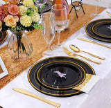 50/25Pieces Black Plastic Plates with Gold Rim-7.5inch Disposable Salad/Dessert Plates Party Plates-Ideal for Weddings& Parties