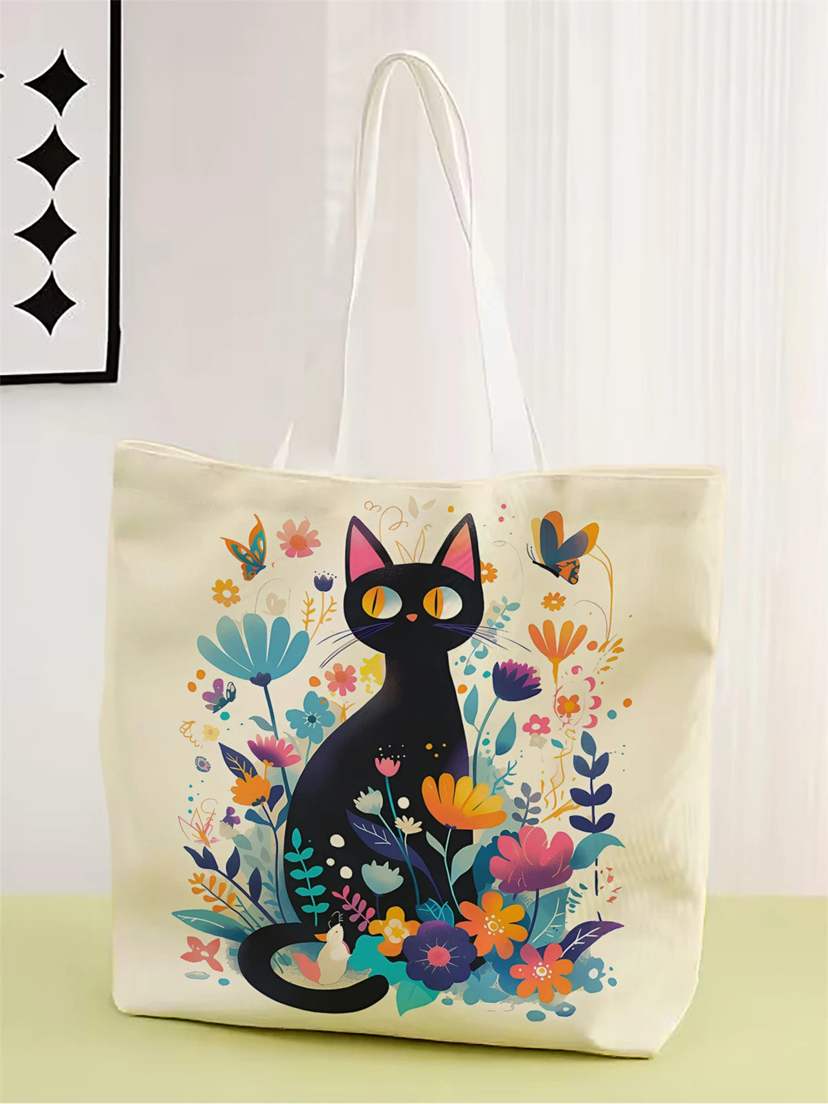 1pc,black cat tote bag, reusable fashion tote bag, multi-functional tote bag, printed canvas shopping bag