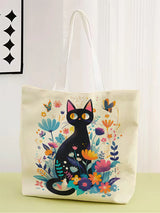 1pc,black cat tote bag, reusable fashion tote bag, multi-functional tote bag, printed canvas shopping bag