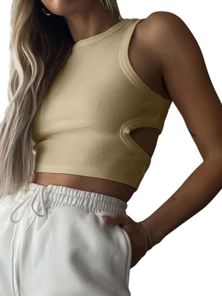 2023 Summer Solid Color Sleeveless T Shirt Women's Side Hole Knitted Tops Knitted Tops Basic Wear Streetwear