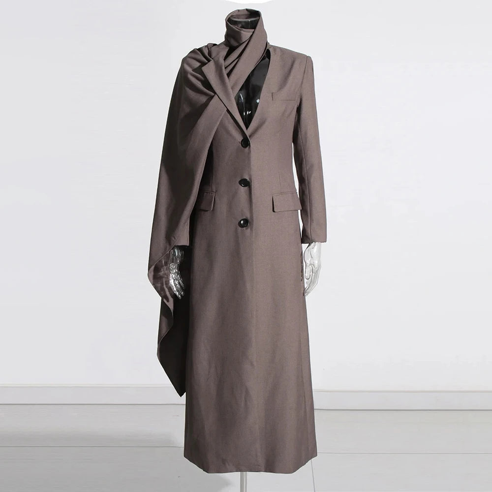 TWOTWINSTYLE Solid Minimalist Blazer For Women Scarf Collar Long Sleeve Patchwork Pocket Asymmetrical Blazers Female Fashion New