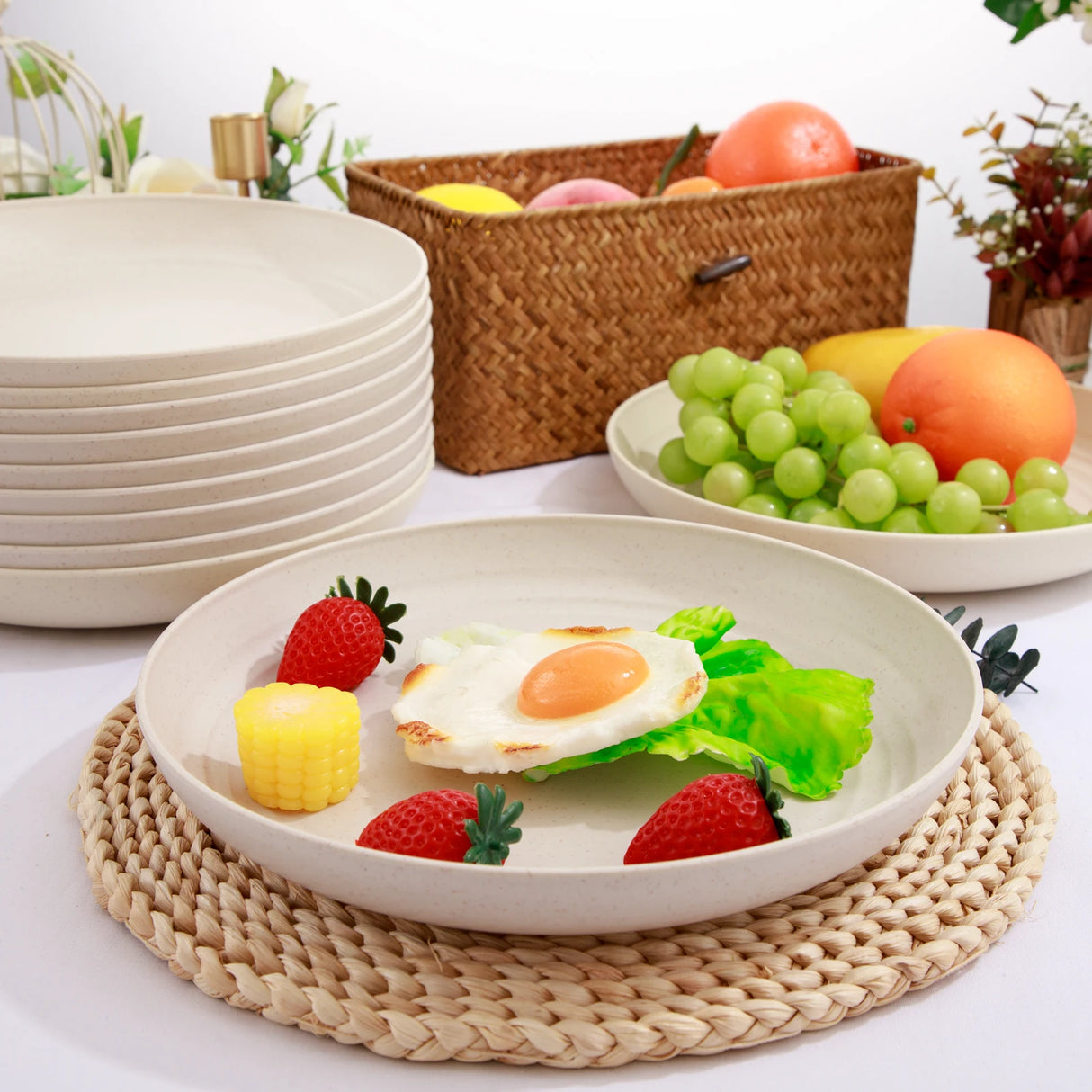 Supernal  8pcs Lightweight Wheat Straw Plates,Plastic Unbreakable Dinner Plates,Reusable Plates,Camping Picnic Plastic Plates