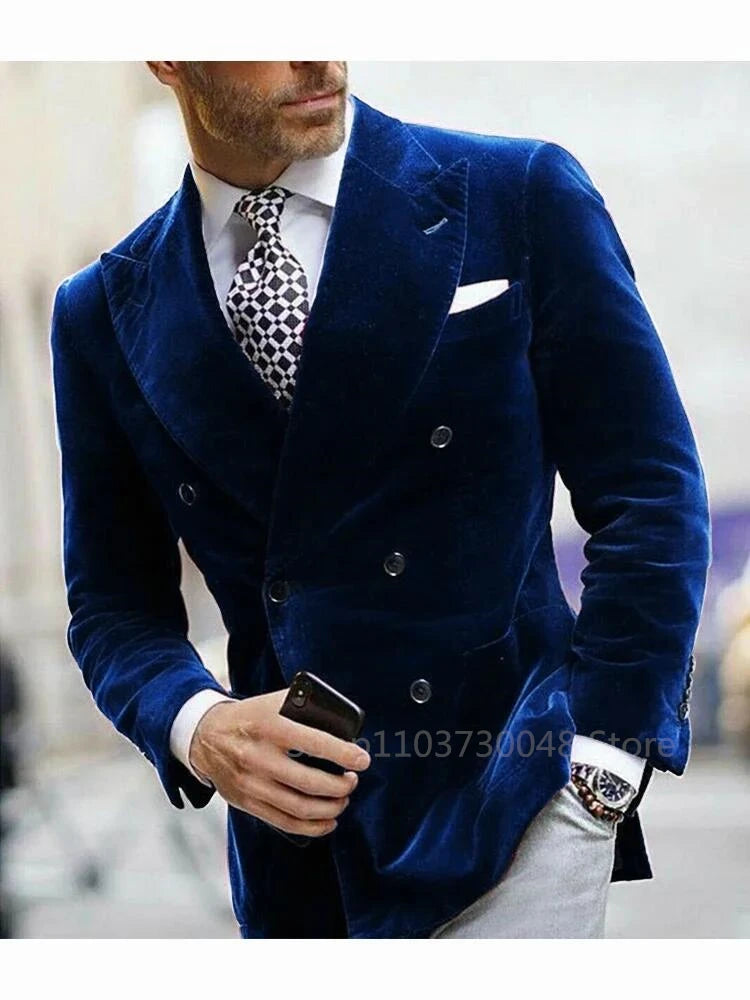 Green/Black Velvet Blazer for Men with Peak Lapel Double Breasted Dinner Jacket Elegant Smoking Suit Wedding Coat