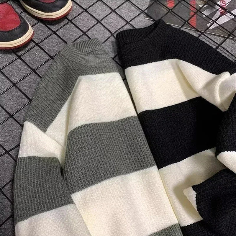 2025 New Long Sleeve Striped Sweater For Men Korean Fashion Pullover Knitted Sweaters Casual Crewneck Pullovers Y2K Streetwear