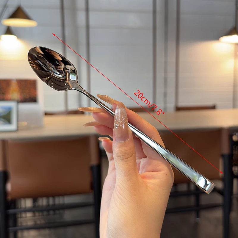 Stainless Steel Spoon Korean Long Handle Tableware Thicken Stirring Ice Spoon Meal Spoon Household Dinner Spoon