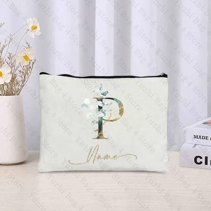 26 letters Flowers Custom Name Printed Makeup Bag Bridesmaid Wedding Makeup Box Gift Organizer Travel perfume Toilet Side Bag