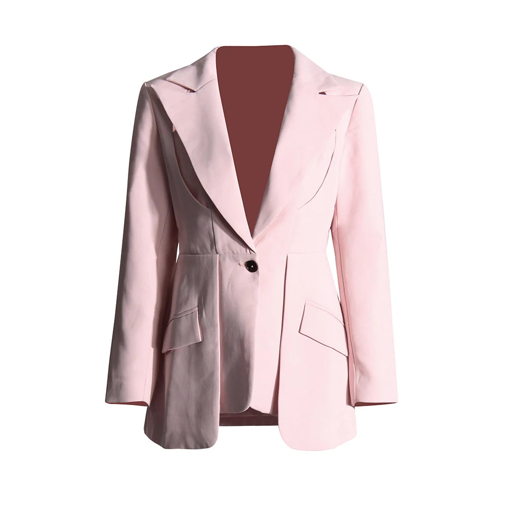 TWOTWINSTYLE Patchwork Button Slim Blazer For Women Notched Collar Long Sleeve Spliced Pockets Hollow Out Designer Coat Female