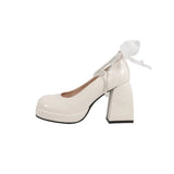 Fashion Women's High Heels with Elegant Bows Women Shoes Thick Heel Shoes for Women Retro Party Square Toe Pearl Sandals