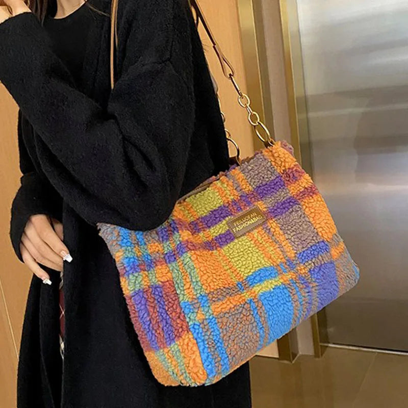 Women's Tote Bag Plaid Pattern Sherpa Large Capacity Tote Bag Shopping Chroma Handbag