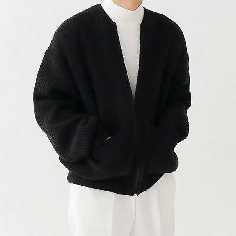 Man Clothes Casual Cardigan Knitted Sweaters for Men Solid Color with Pockets Crewneck Zip-up Round Collar Plain Zipper Order S