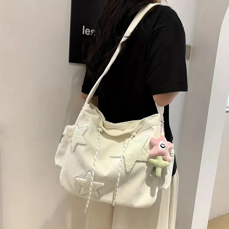 Simple Star Pattern Large Tote Bag, Corduroy Drawstring Shoulder Bag, Cute Tote Bag Canvas Bag