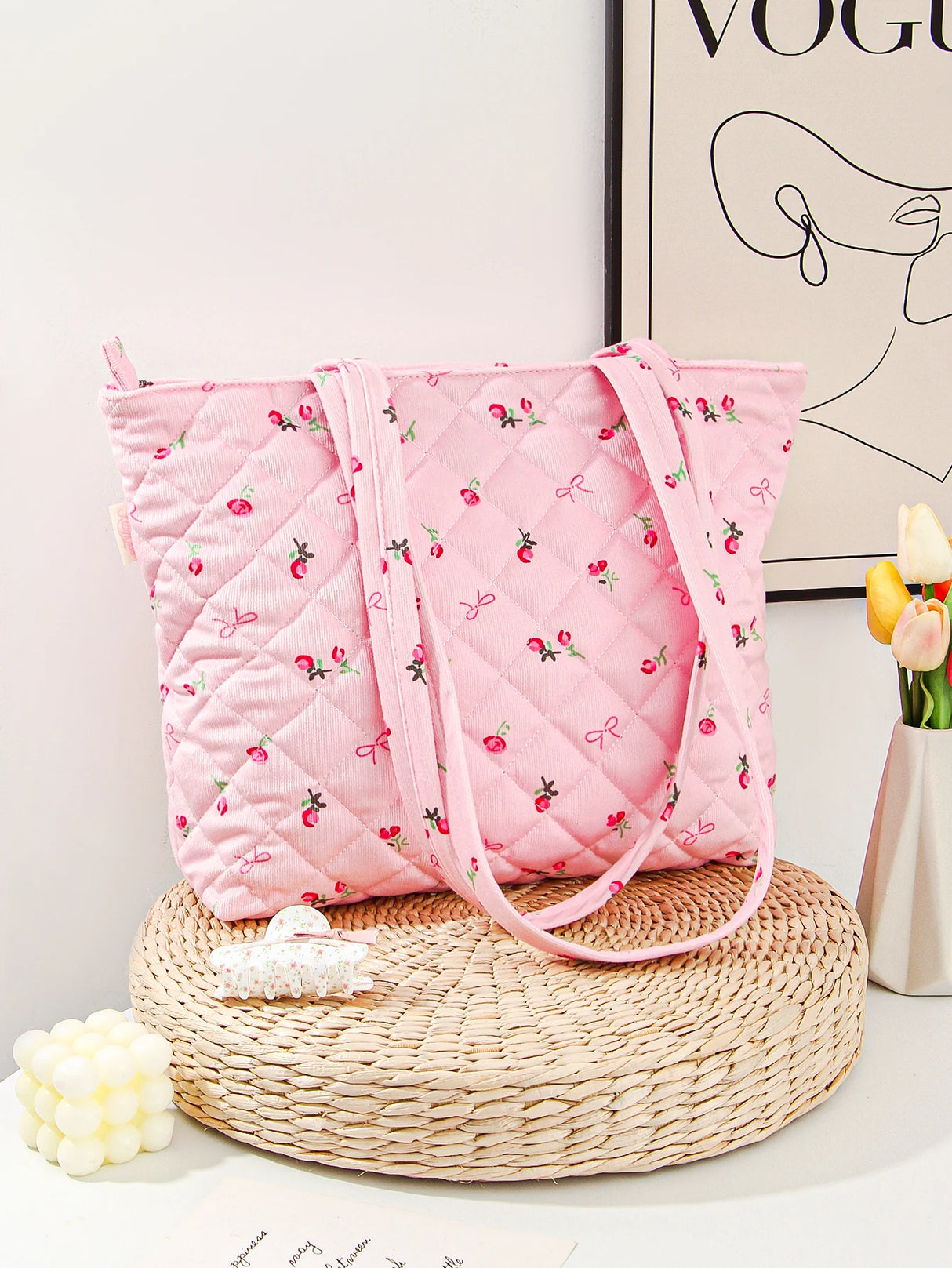 1pcs Fashion Bow and Rose Floral Tote Bag, Cute High-end Girls Casual Fashion Tote Bag, Large Capacity Women Suede Tote Bag, Cut