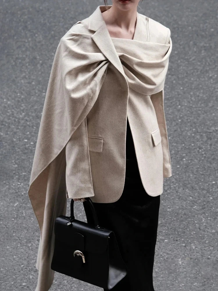 TWOTWINSTYLE Solid Minimalist Blazer For Women Scarf Collar Long Sleeve Patchwork Pocket Asymmetrical Blazers Female Fashion New
