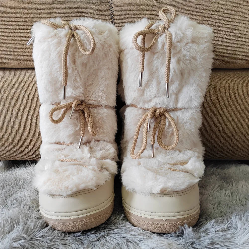 y2k Black Fur Boots for Women Snow Boots 2025 Winter Faux Fur Boots Fluffy Fuzzy Furry Faux Fur Boots Waterproof Mid-calf Boots