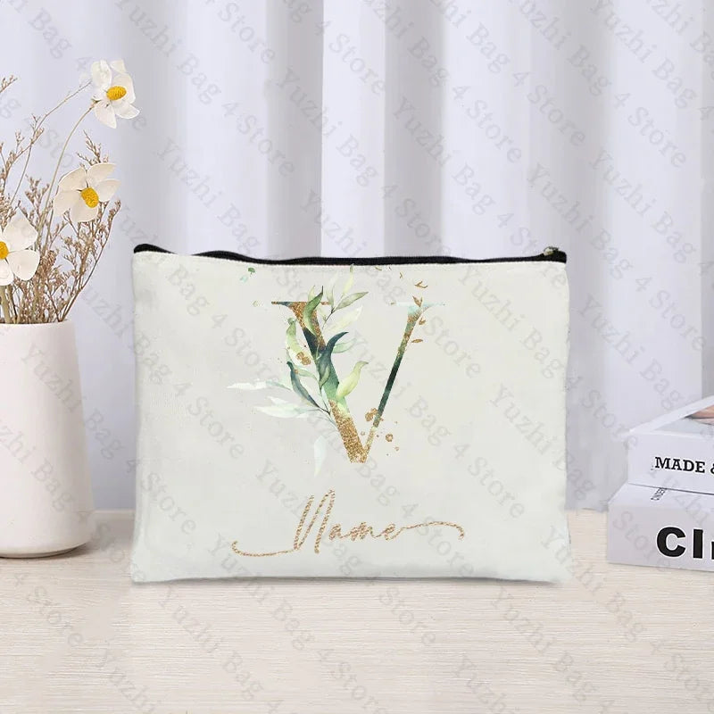 26 letters Flowers Custom Name Printed Makeup Bag Bridesmaid Wedding Makeup Box Gift Organizer Travel perfume Toilet Side Bag