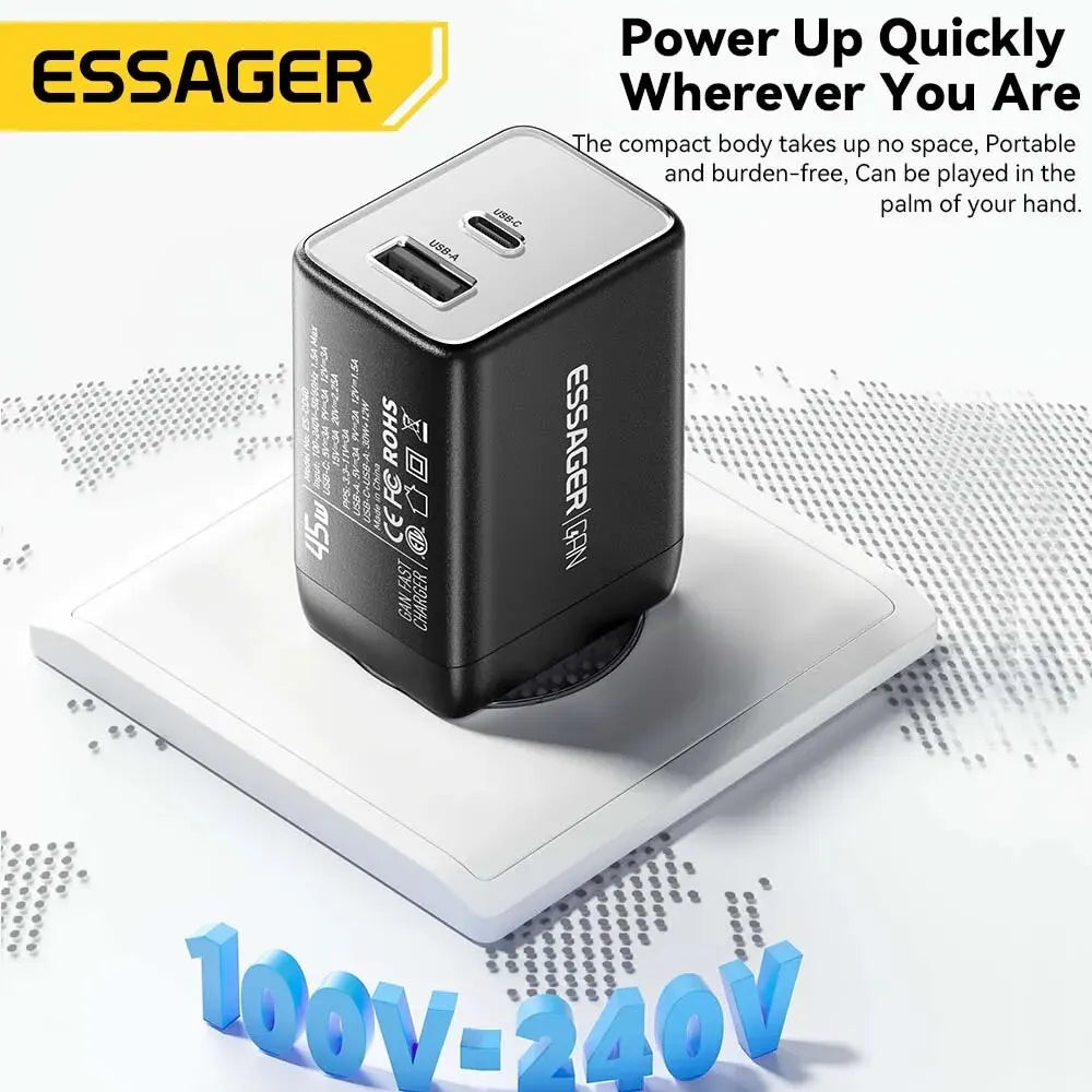 Essager GaN 45W USB Charger Fast Charger PD QC 3.0 USB C Charger Quick Charger For iPhone 14 13 Travel Charger for Samsung S21