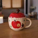 Vintage Mug With Lid And Spoon Apple Shape Ceramic Mug Water Cup Girls Mug Christmas Gift Coffee Mug Couple Milk Breakfast Mug