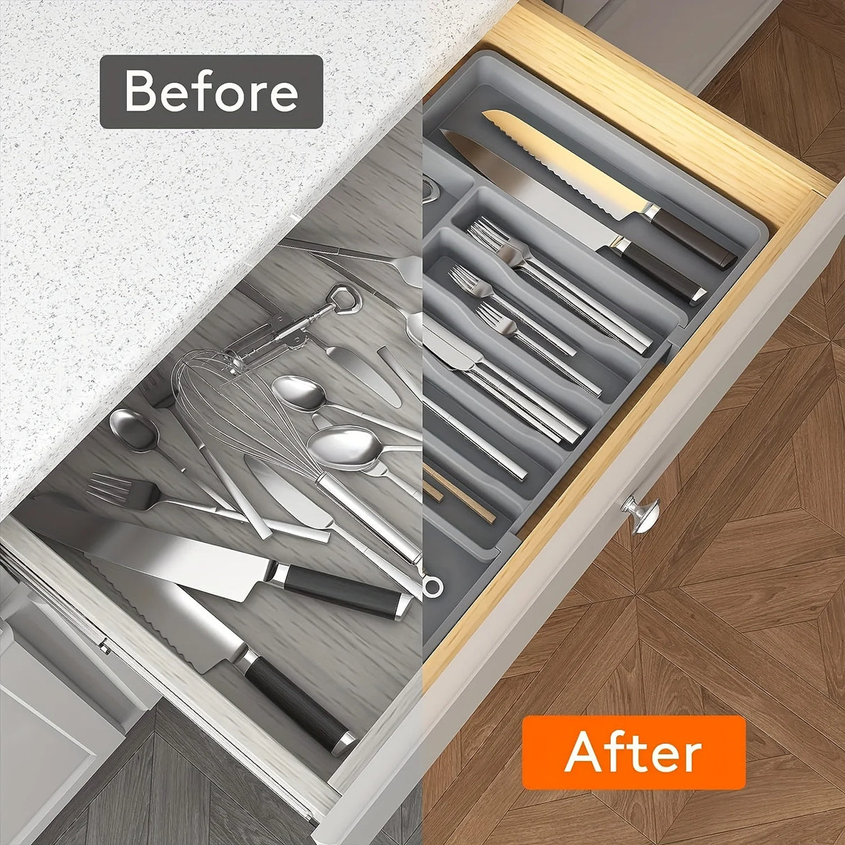 Adjustable Tableware Organizer - Upgradation Plastic Storage Tray with Dividers for Spoons, Forks & Knives Drawer Organizer
