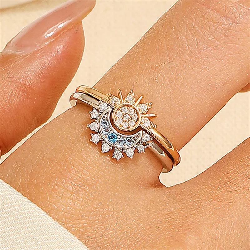 2Pc/set Sparkling Ring Riyue Suitable Ring for Women To Wear Fashion Female Sun Moon Star Ring Cubic Zircon Ring for Women Gifts