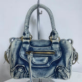 2025 new bag for women high-end denim motorcycle bag tassel rivets fashionable wash water canvas women's bag
